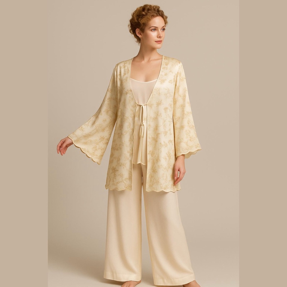 NWT 3PC THE LINGERIE COLLECTION SILK CREAM SHEER LINGERIE PAISLEY GOLD METALLIC